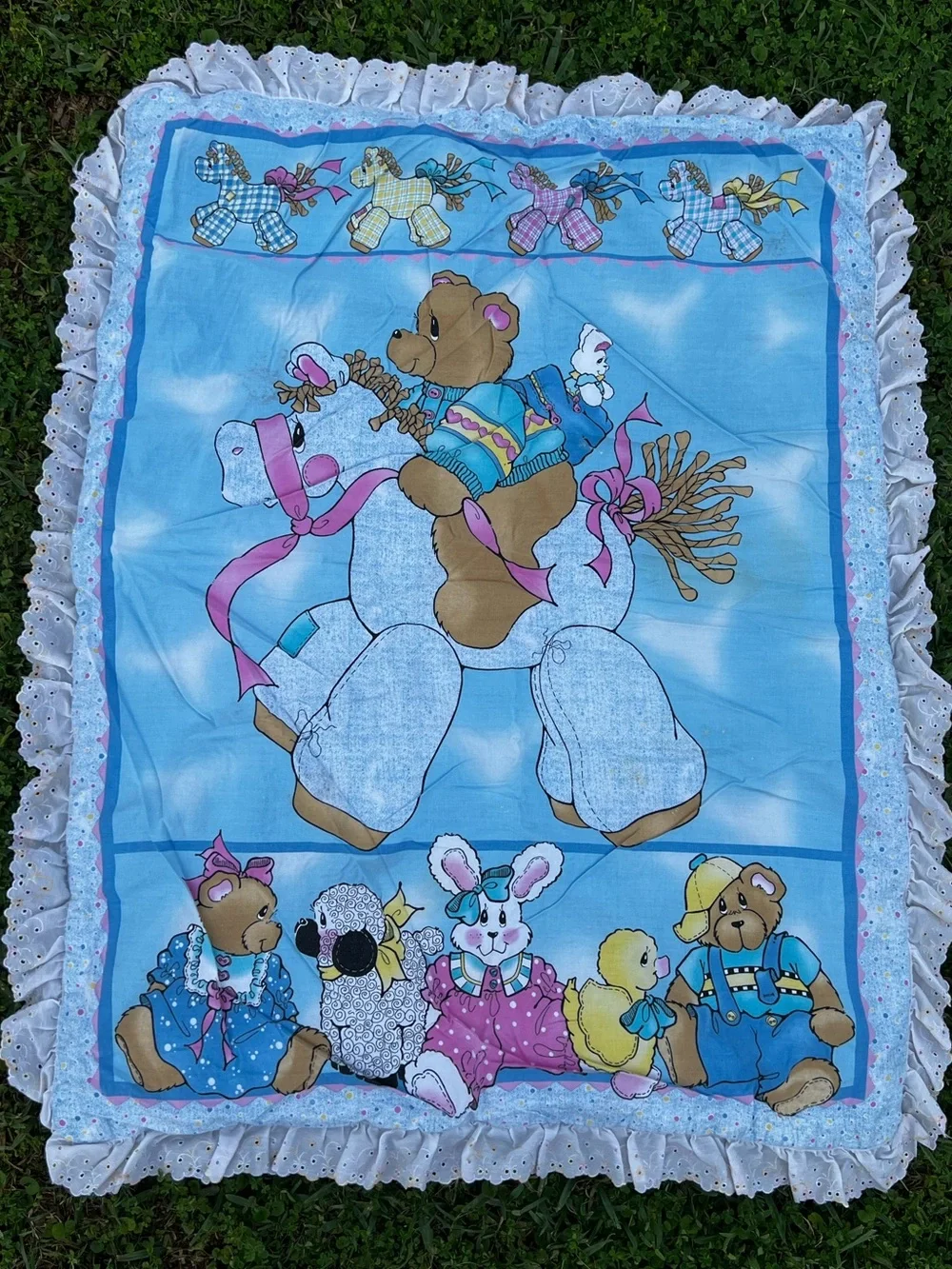 VTG Horse Teddy Bear Animal Friends Puffy Baby Blanket Comforter Crib Bedding